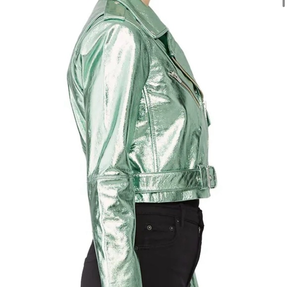 Veda Metallic Mint Green Cropped Leather Biker Jacket | New Without Tags - Picture 4 of 9